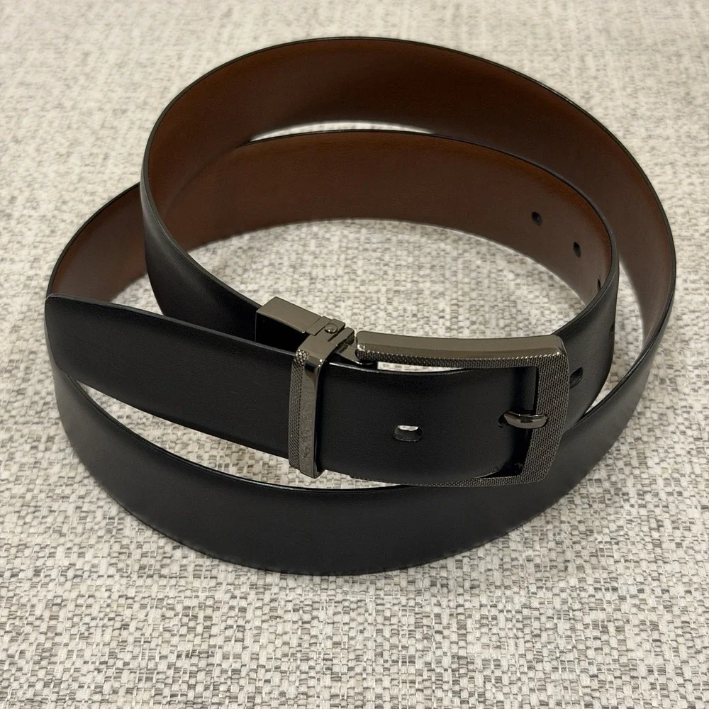 Perry Ellis Black Bonded Leather Belt 36/90 Gray Buckle New Men's
